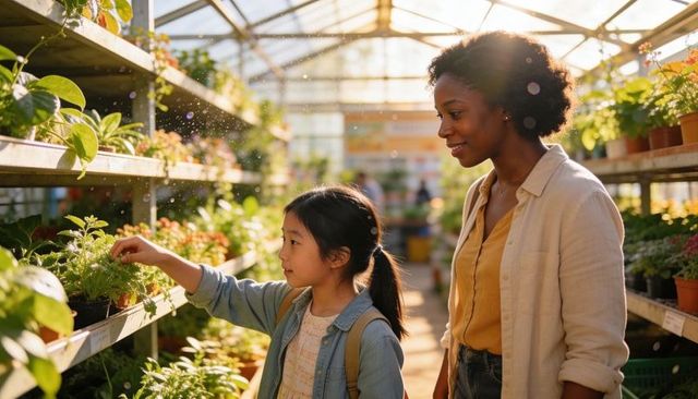 Adult and child exploring sunlit greenhouse plants together, choosing herbs and foliage
