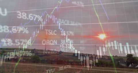 Financial Graphs Overlaying Scenic Rural Sunset with Wind Turbines