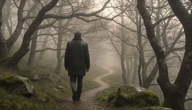 Solitary walker traversing winding foggy woodland trail in misty morning