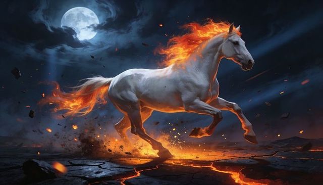 Moonlit white horse galloping with flaming mane and tail over cracked lava plain, glowing fissures