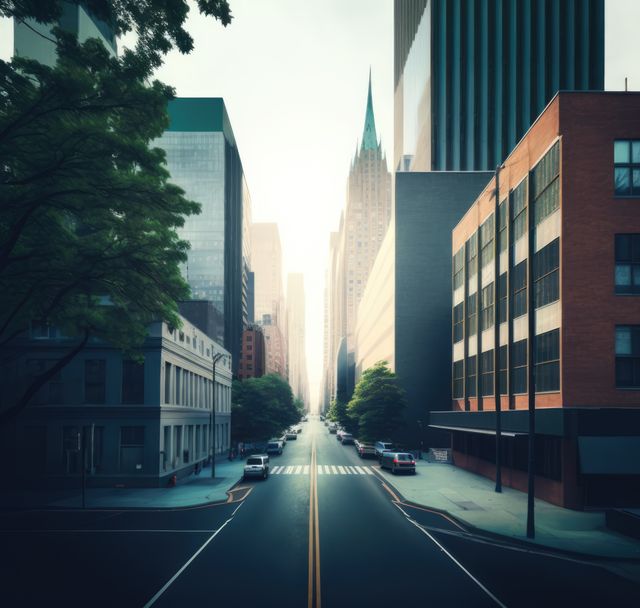 Depicts an empty downtown city street at sunrise, surrounded by towering skyscrapers, with a mix of modern and older buildings. Ideal for portraying early morning urban environments, city planning concepts, and business district promotions. Suitable for uses in travel brochures, real estate websites, and cityscape-themed presentations.