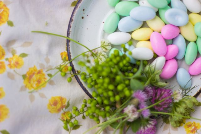 Colorful Almond Candies on Rustic Plate with Spring Flowers - Download Free Stock Photos Pikwizard.com