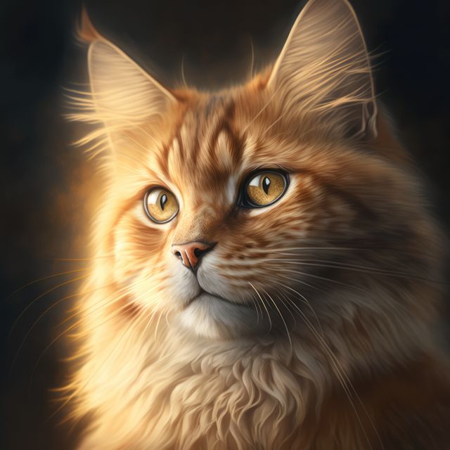 Close-up digital art of a Maine Coon cat with golden eyes and long fluffy fur. Suitable for pet enthusiast websites, veterinary practices, animal shelters, cat breed articles, and art portfolios.
