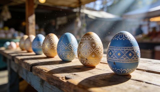 Hand-painted blue and gold easter eggs displaying geometric patterns on rustic table