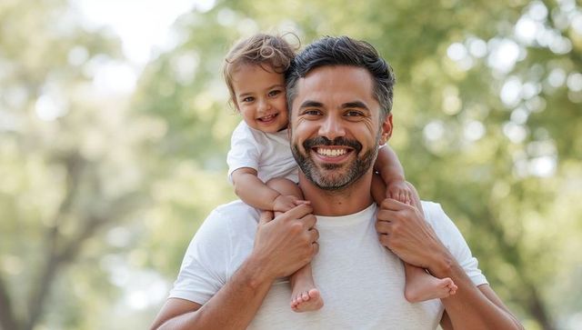 Smiling father carrying toddler on shoulders in sunny park, candid family bonding moment