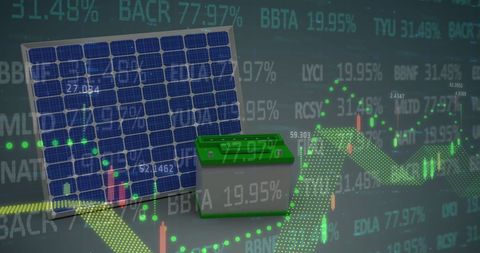 Financial Charts Over Solar Panels and Battery: Green Energy Finance