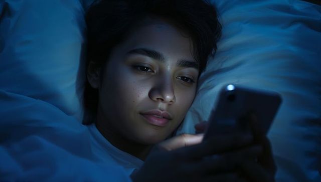 Teen in bed holding smartphone under blue night light, scrolling before sleep, calm mood