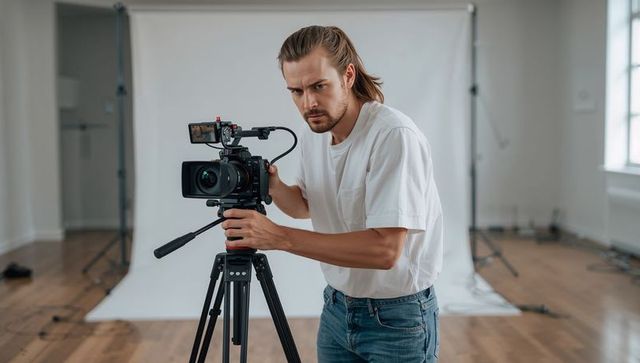 Young videographer adjusting cinema camera on tripod in bright loft studio backdrop