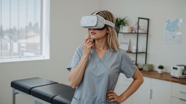 Female Doctor Using VR Headset in Modern Clinic Room