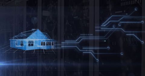 Digital Blueprint Overlay Modern House with Server Technology