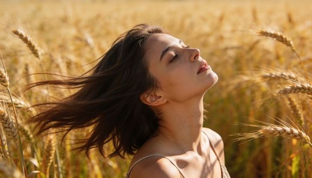 Woman tilting head back in golden wheat field embracing breeze and summer serenity
