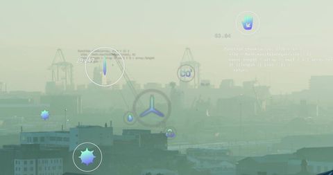 Augmented HUD Overlay Over Industrial Port at Dawn Featuring Rotor Icon and Emissions Data