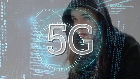 5G Technology and Cybersecurity Concept with Female Hacker