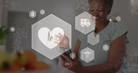 Senior Woman Navigating Medical Icons on Smartphone for Telehealth