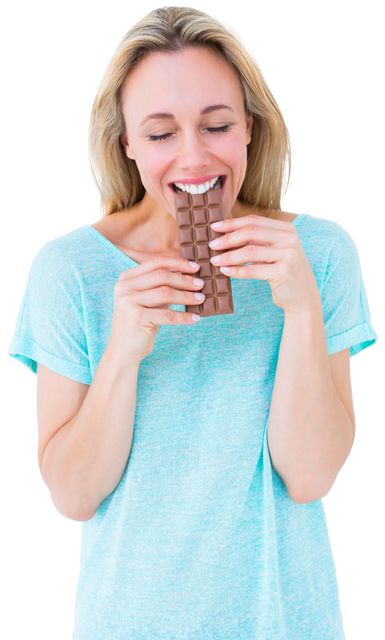 Happy Blonde Woman Eating Bar of Chocolate Transparent Background - Download Free Stock Videos Pikwizard.com