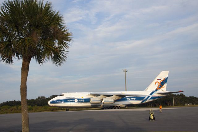 CAPE CANAVERAL, Fla. -- A Ukrainian Antonov-124 transport aircraft arrives at Cape Canaveral Air Force Station in Florida with the first stage of the Atlas V rocket that will carry the Tracking and Data Relay Satellite, TDRS-K, into orbit. The booster stage, arriving from the United Launch Alliance manufacturing plant in Decatur, Ala., will be taken to the hangar at the Atlas Spaceflight Operations Center at Cape Canaveral.      Launch of the TDRS-K on the Atlas V rocket is planned for January 2013 from Space Launch Complex 41. The TDRS-K spacecraft is part of the next-generation series in the Tracking and Data Relay Satellite System, a constellation of space-based communication satellites providing tracking, telemetry, command and high-bandwidth data return services. For more information, visit http://tdrs.gsfc.nasa.gov/. Photo credit: NASA/Tim Jacobs