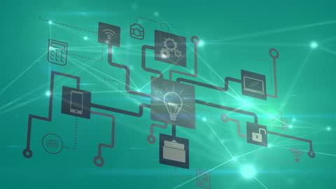 Digital Network of Connections and Technology Icons on Green Background
