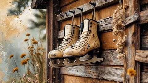 Vintage leather ice skates hanging in pastoral garden