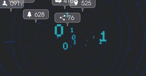 Rotating neon binary HUD with glowing 0s and 1s, notification badges on blue radar rings