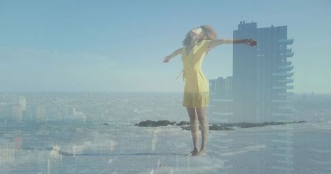 Woman embracing breeze over coastal city double exposure blending seaside skyline