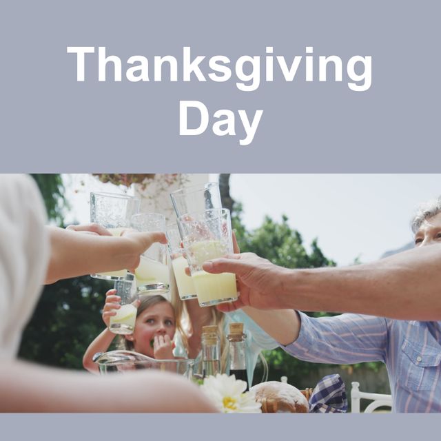 Family members toasting at an outdoor Thanksgiving dinner table. Suitable for holiday celebration themes, family gatherings, unity, and festive events promotion. Ideal for use in advertisements, blogs, and social media campaigns centered around Thanksgiving.