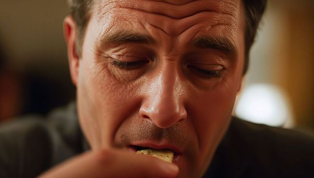 Contemplative middle-aged man eating cracker closeup tired expression warm indoor lighting
