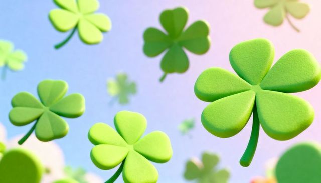 Floating stylized four-leaf clovers over pastel gradient sky for saint patrick designs