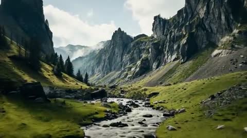 Enchanting Alpine Valley with Stream and Rugged Cliffs
