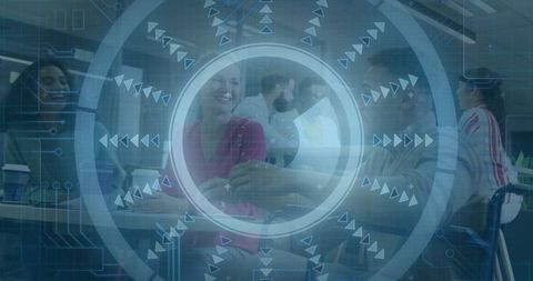 Diverse Corporate Meeting with Digital Interface Overlay