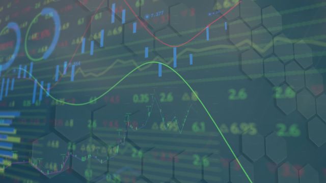 Futuristic screen displays stock market graphs with data streams flowing in abstract and hexagonal backgrounds. Ideal for presentations on global business, financial trends, and technology. May be used in articles about future tech investments or data analysis strategies.