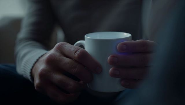 Cradling Hands Holding White Mug on Couch, Cozy Knit Sweater, Warm Low-Light Morning Moment