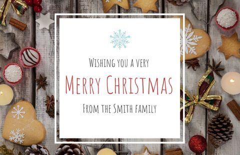 Festive christmas greeting card with holiday treats and decorations