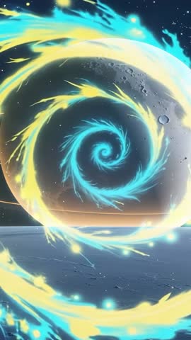 Emerging blue spiral and golden energy ring rotating above icy plain with cratered sphere