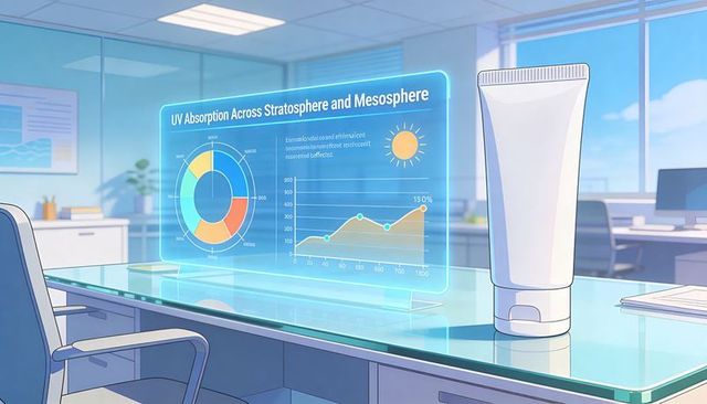 Projecting holographic uv absorption dashboard beside sunscreen tube on modern office desk