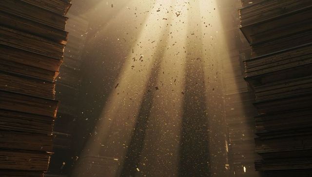 Sunbeams streaming through dusty archive aisle lighting drifting paper flakes sepia motes