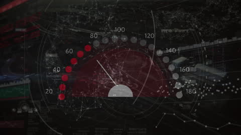 Futuristic Radar and Network Overlay on Cityscape with Digital Graphs