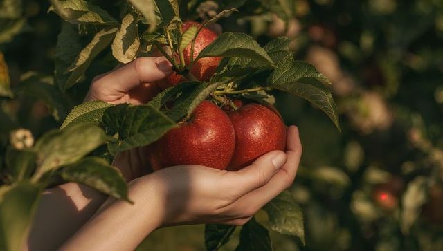 Hands Holding Three Ripe Red Apples on Branch in Sunlit Orchard at Golden Hour