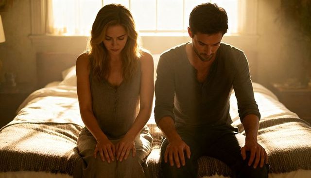 Couple Sitting on Bed Bowing Heads in Backlit Window Light Conveying Quiet Intimacy