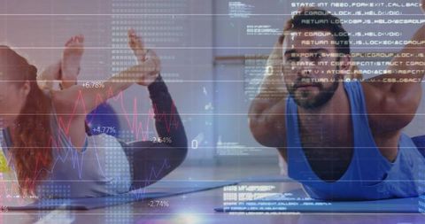 Adults practicing bow pose on mats with data chart overlay for fitness wellness analytics