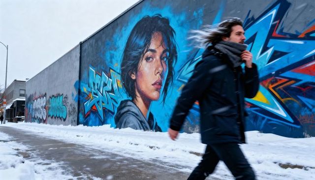 Man walking past large blue mural on snowy urban street with graffiti