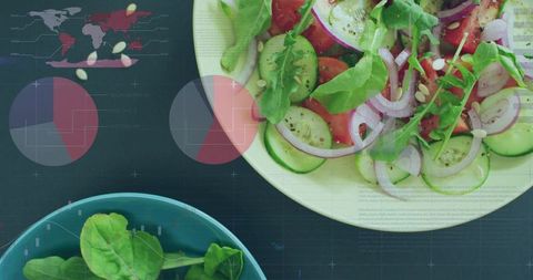 Fresh mediterranean salad flatlay featuring arugula, cucumber, tomato and infographic overlay