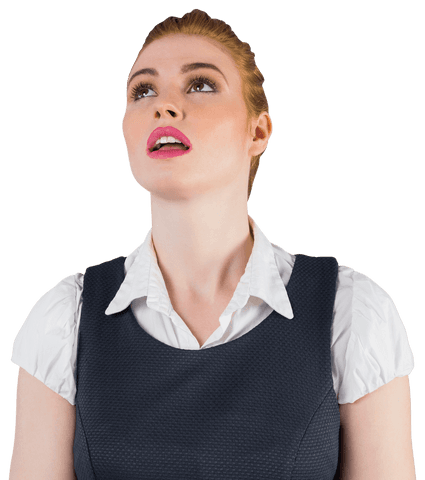 Transparent Redhead Businesswoman Looking Up with Wonder