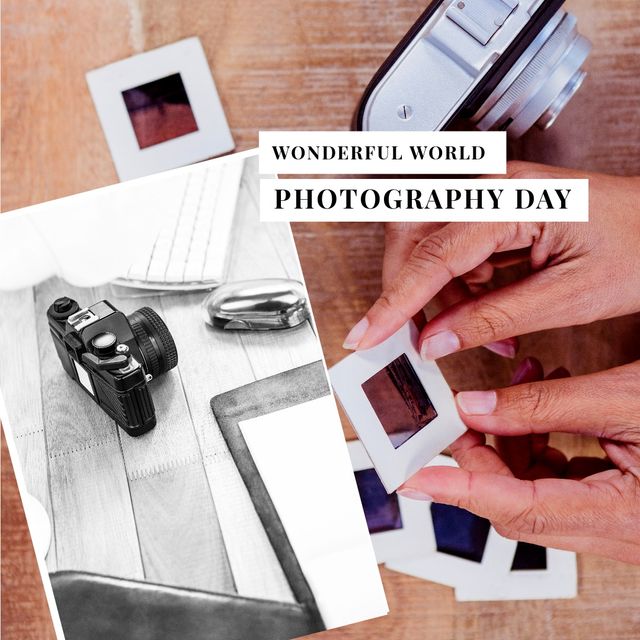 Image of wonderful image photography day over black and white photo and hands with frames. Photography, creation and memories concept.