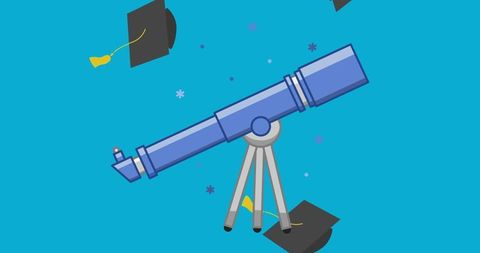 Telescope and graduation caps illustrating educational success