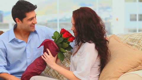 Romantic Gesture with Red Roses on Cozy Couch