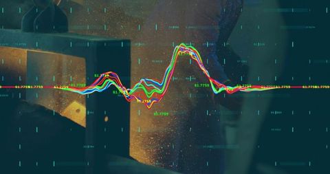Industrial hud overlay showing pulsing color waveform, welding sparks, workshop silhouette