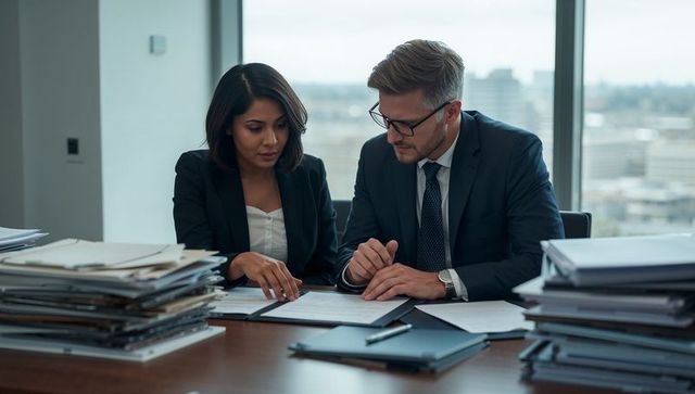 Executive partners reviewing contract and paperwork at boardroom table during meeting