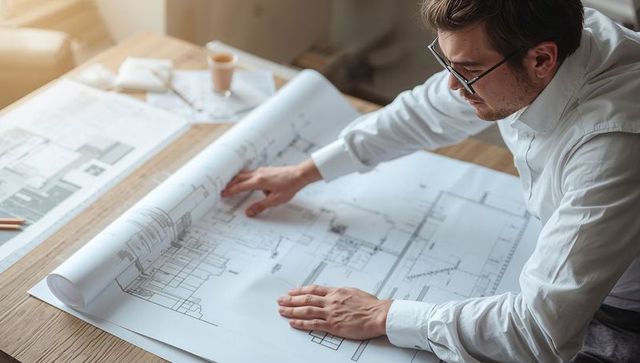 Architect reviewing blueprints, designer tracing floor plans at wooden desk with coffee