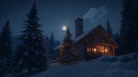 Cozy Moonlit Log Cabin with Chimney Smoke Drifting and Lit Pine Tree