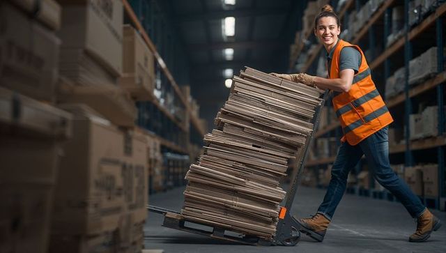 Warehouse worker moving cardboard sheets on pallet jack
